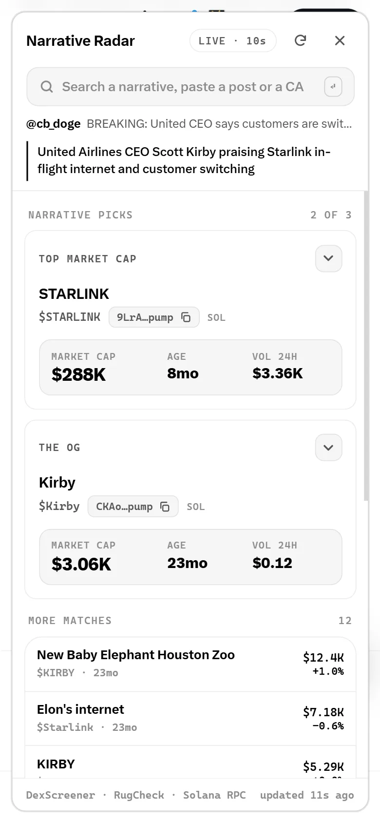 Narrative Radar open on a post on X, showing the top market cap coin and the OG with market cap, age and volume